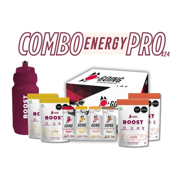 Energy Pro: 24 geles mix + 2 boost Toronja + 2 boost Durazno + 1 Caramañola