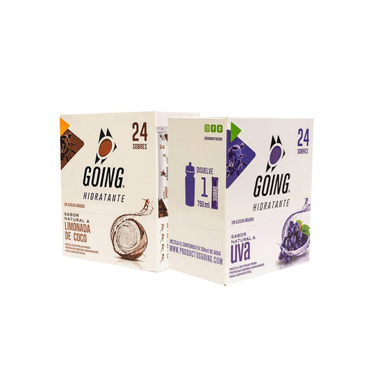 Caja de hidratante con electrólitos x 24 und - LIMONADA DE COCO y UVA + CARAMAÑOLA DE OBSEQUIO