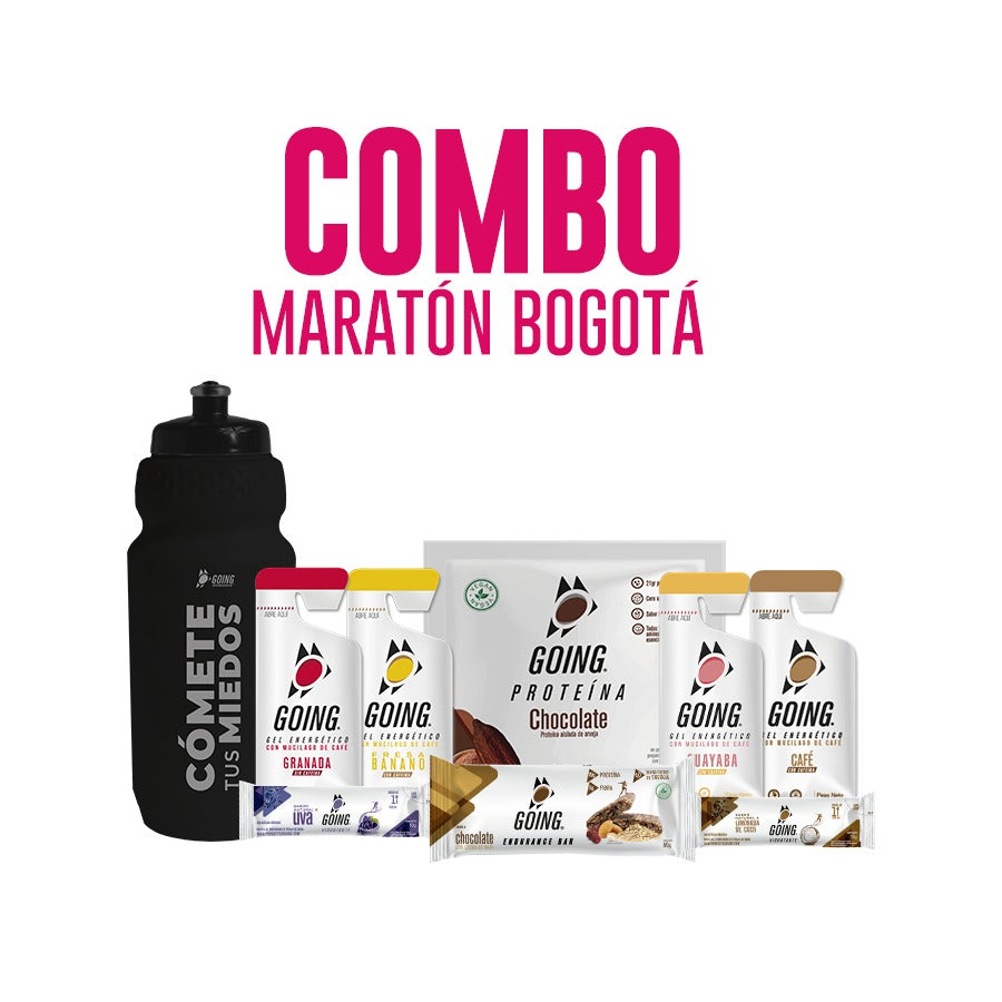 Combo Maratón Bogotá: 8 geles energéticos + 7 hidratantes +1 proteína + 2 barras endurance + 1 caramañola