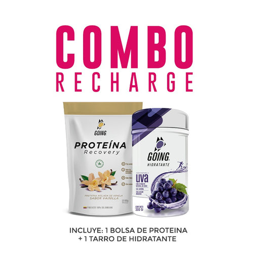 Combo recharge: Bolsa de proteína vegana x 20 porciones sabor a CHOCOLATE + tarro de hidratante