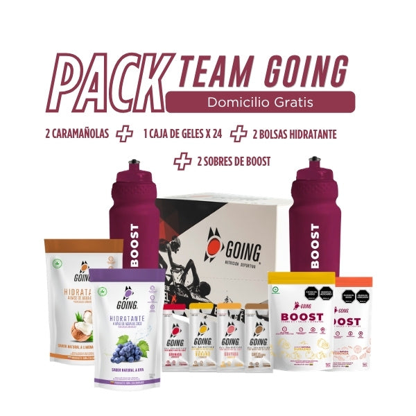 Pack Team Going: *Domicilio Gratis*  24 geles energéticos + 2 bolsas de hidratante + 2 sachet de Boost +  2 Caramañolas