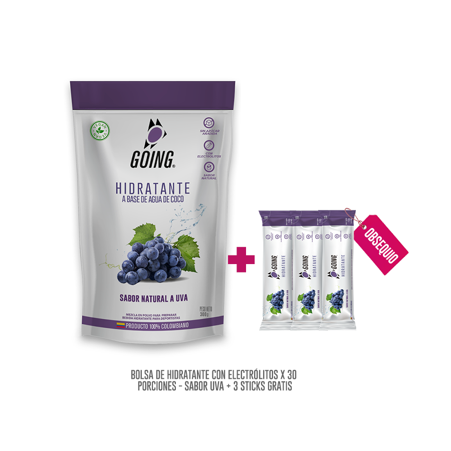 Bolsa de hidratante con electrólitos x 30 porciones - sabor UVA + 3 STICKS GRATIS