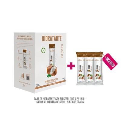 Caja de hidratante con electrólitos x 24 und - sabor a LIMONADA DE COCO + 5 STICKS GRATIS