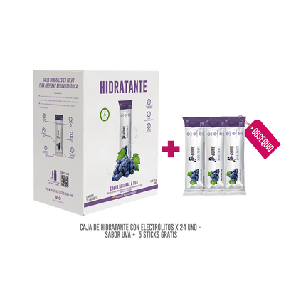 Caja de hidratante con electrólitos x 24 und - sabor UVA + 5 STICKS GRATIS