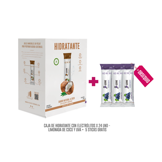 Caja de hidratante con electrólitos x 24 und - LIMONADA DE COCO y UVA + 5 STICKS GRATIS