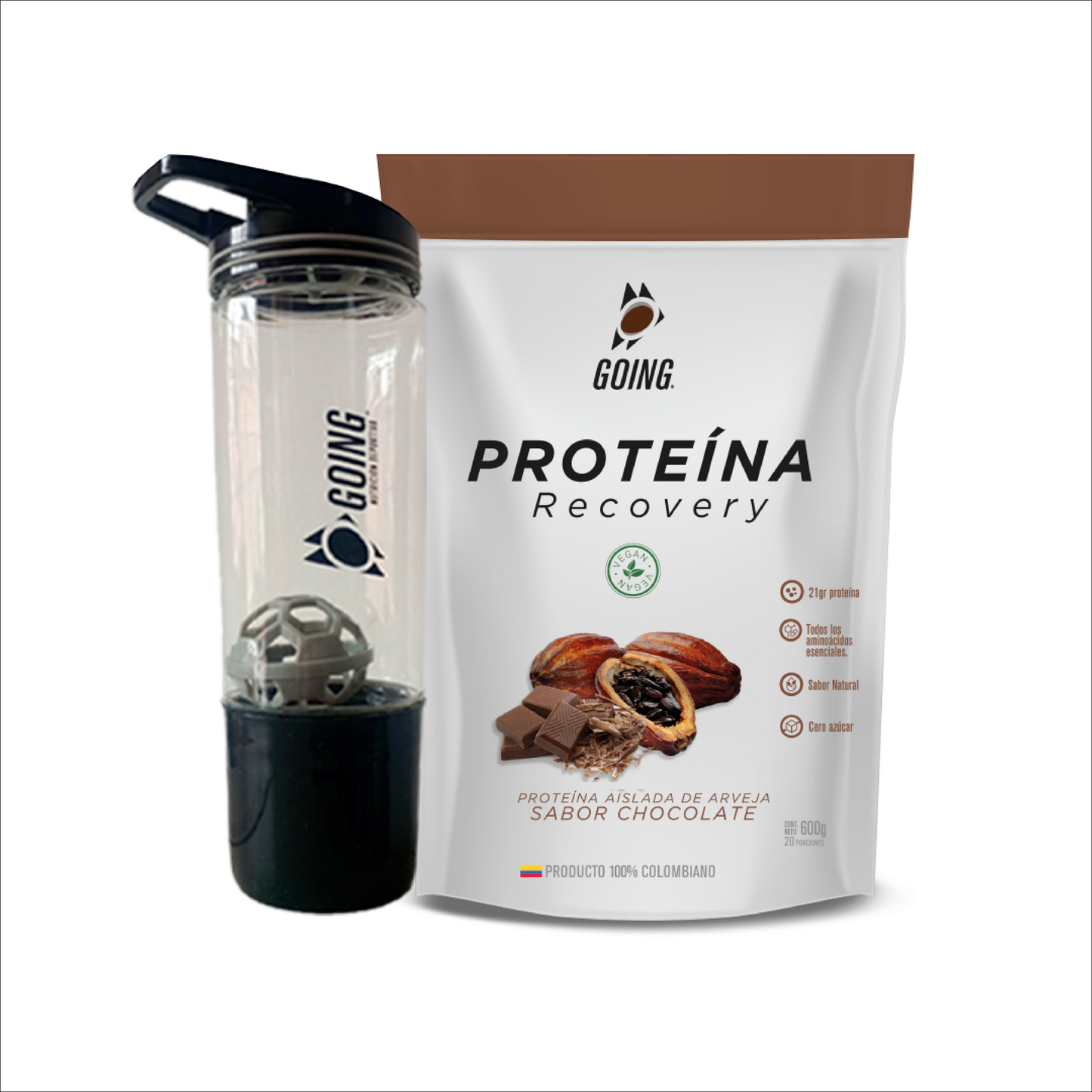 Bolsa de proteína vegana + Shaker obsequio x 20 porciones - sabor a CHOCOLATE