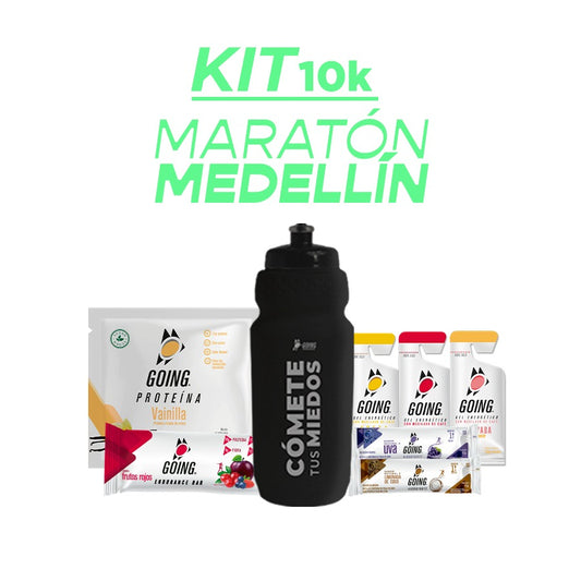Kit 10K Maratón Medellín: 2 geles energéticos + 3 stick hidratantes + 1 sobre proteína + 1 barra endurance + 1 caramañola