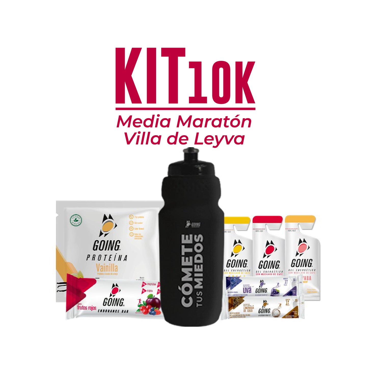 Kit 10K Villa de Leyva: 2 geles energéticos + 3 stick hidratantes + 1 sobre proteína + 1 barra endurance + 1 caramañola