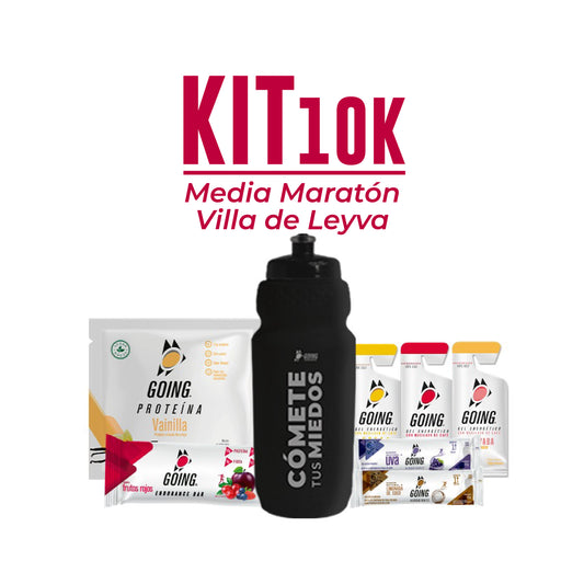 Kit 10K Villa de Leyva: 2 geles energéticos + 3 stick hidratantes + 1 sobre proteína + 1 barra endurance + 1 caramañola