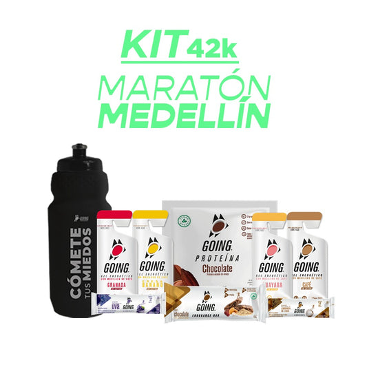 Kit 42K Maratón Medellín: 8 geles energéticos + 7 hidratantes +1 proteína + 2 barras endurance + 1 caramañola