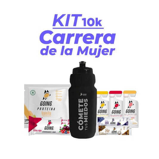 Kit 10K Carrera de la Mujer: 2 geles energéticos + 3 stick hidratantes + 1 sobre proteína + 1 barra endurance + 1 caramañola
