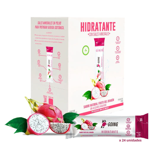 Caja de 24 sticks hidratantes Going sabor fruto del dragón, empaque fucsia con sticks individuales