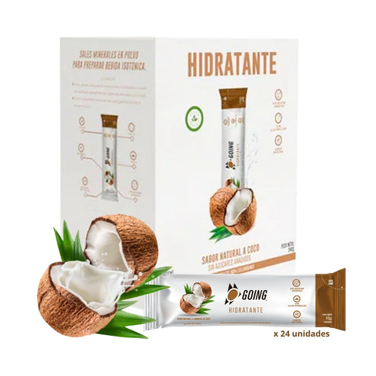 Caja de 24 sticks hidratantes Going sabor limonada de coco con sticks individuales al frente