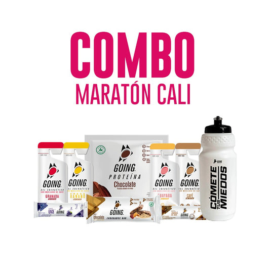 Maratón de Cali 42k:  9 geles energéticos + 7 hidratantes +1 proteína + 2 barras endurance + 1 Caramañola